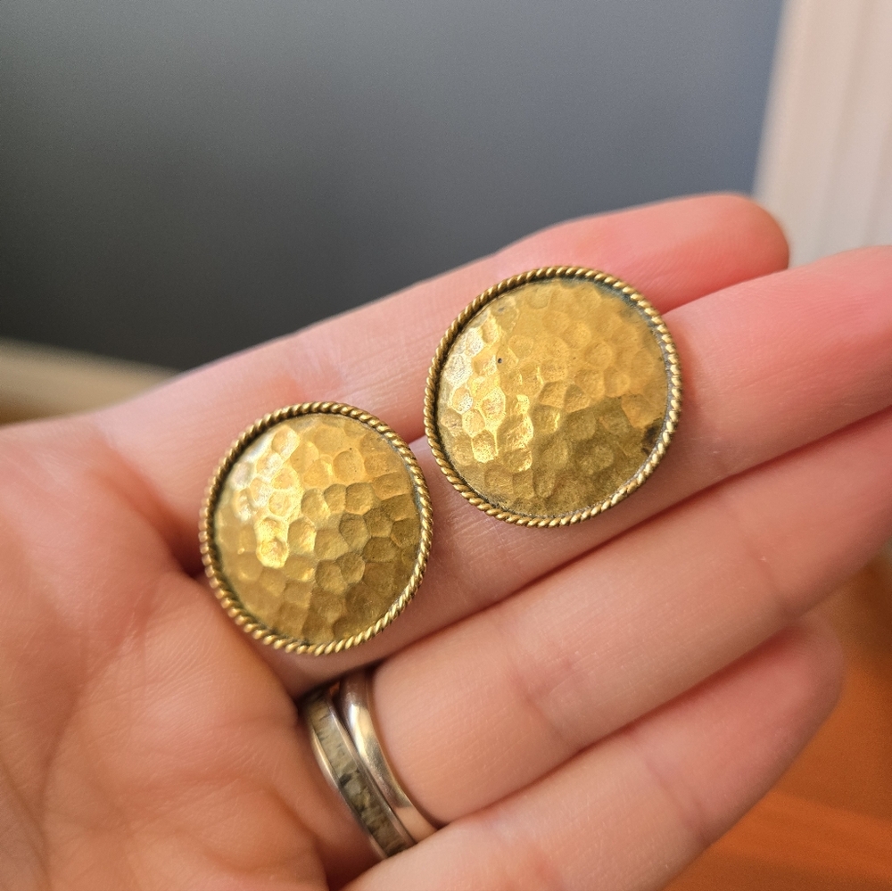 Vintage Brutalist Hammered Brass Round Stud Earrings